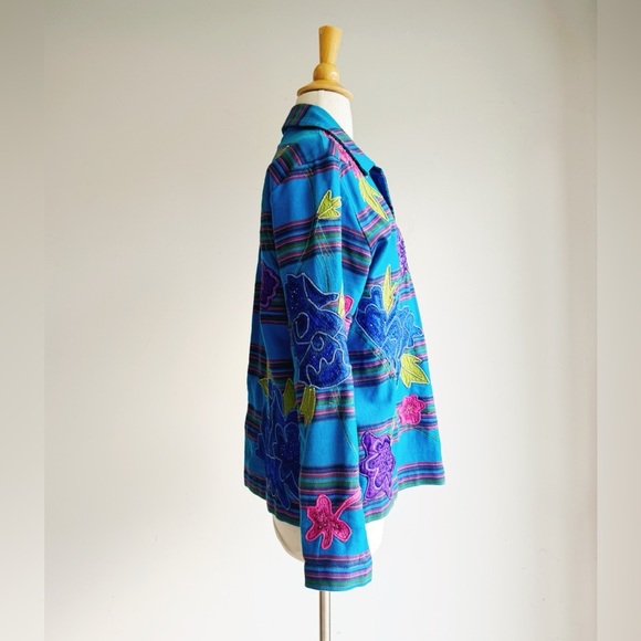 VINTAGE CHICO'S Blue Cotton Jacket With Silk Floral Appliqué S/8 - Picture 4 of 8